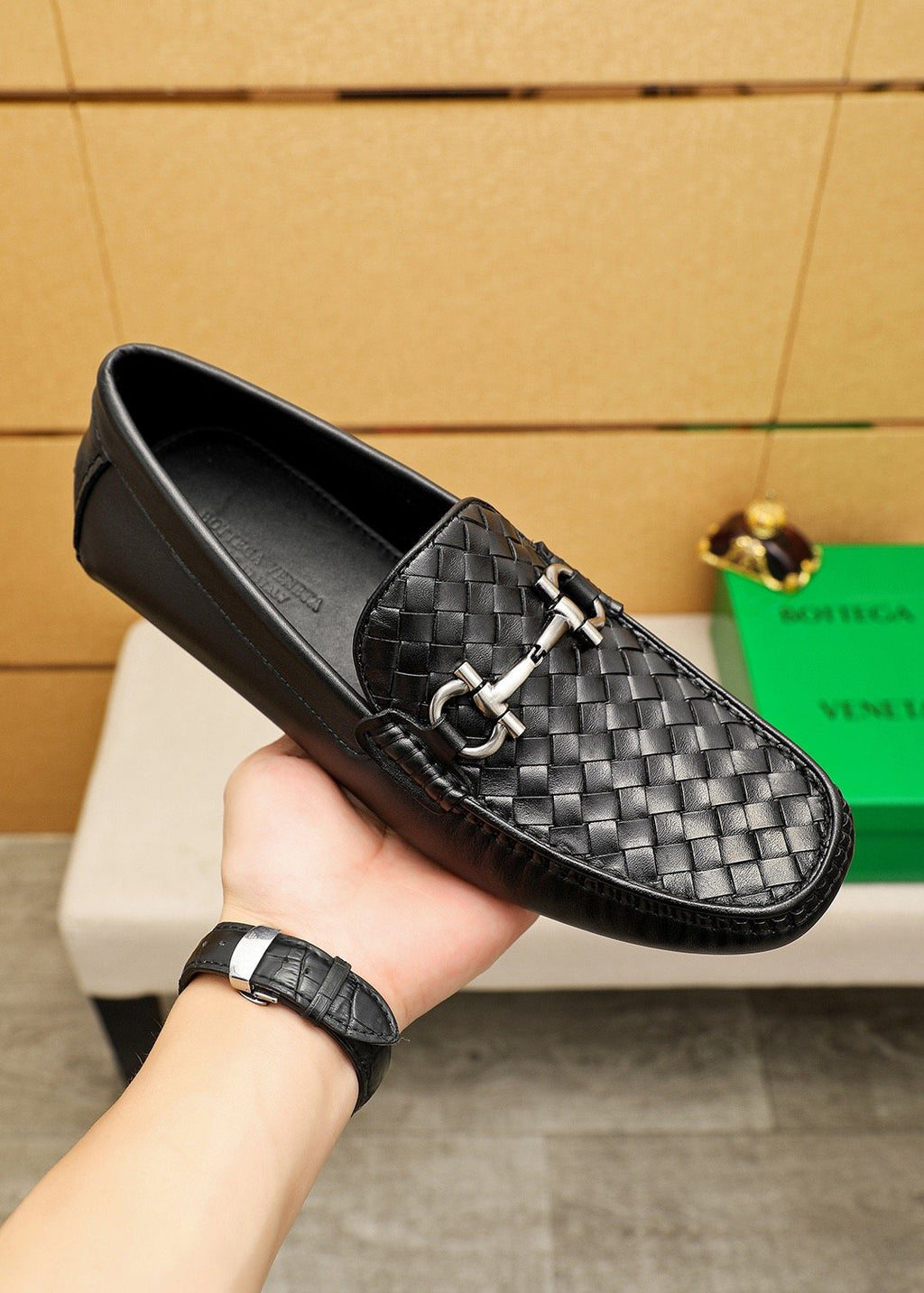 Bottega Veneta Black Woven Bit Driving Loafers